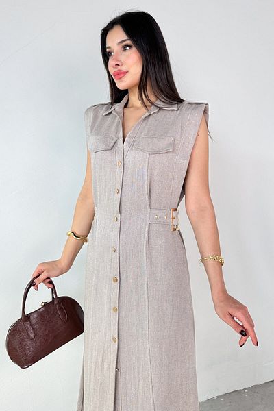 Cappmoda ELB-01788 Φόρεμα πουκάμισο από ακατέργαστο λινό με λαιμόκοψη με τσέπες και λεπτομέρεια δεσίματος