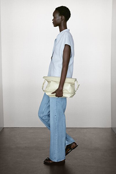 Massimo Dutti Açık yaka %100 keten dökümlü bluz