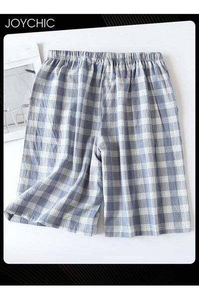 HALAMODO Plaid Pajama Bottom Men's Summer Pure Cotton Sweat-absorbent Loose Double-layer Gauze Home Pants