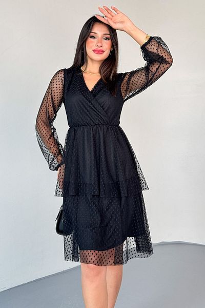 Cappmoda ELB-01797 Μαύρο φόρεμα με διπλό γιακά με δαντέλα με πλισέ άμμο