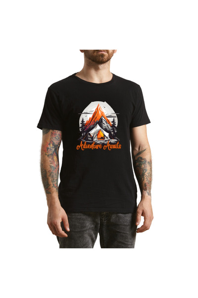 OEM Tricou Barbati Camp More Worry Less, imprimeu montan, negru, marimea M