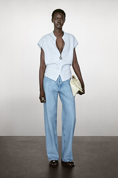 Massimo Dutti Açık yaka %100 keten dökümlü bluz