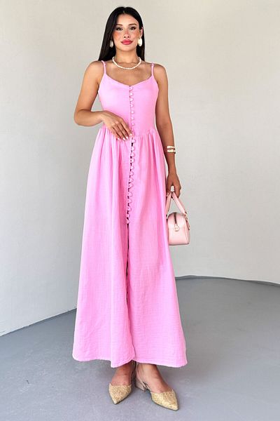 Cappmoda ELB-01802 Φόρεμα από μουσελίνα με ροζ λουράκι και κουμπιά