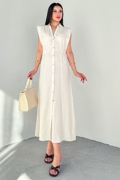 Cappmoda ELB-01788 Φόρεμα από ακατέργαστο λινό πουκάμισο με κρεμ γιακά πόλο με λεπτομέρεια δεσίματος τσέπης