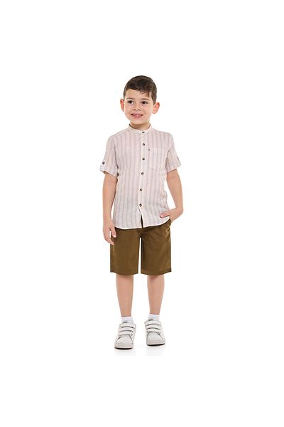 Victor and Jane Boys Short Sleeves Mandarin Collar Stripes Shirt & Shorts Set