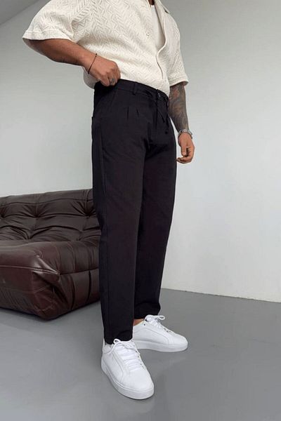 LU-MİLA High Quality Raw Linen Boyfriend Black Pants