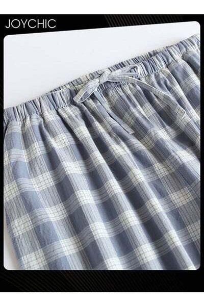 HALAMODO Plaid Pajama Bottom Men's Summer Pure Cotton Sweat-absorbent Loose Double-layer Gauze Home Pants