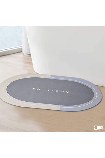 SIKS Set of 4 SIKS Anti-Slip Bath Mats, "Bathroom" Pattern, Oval, 78 x 48 cm, Light Blue/Grey