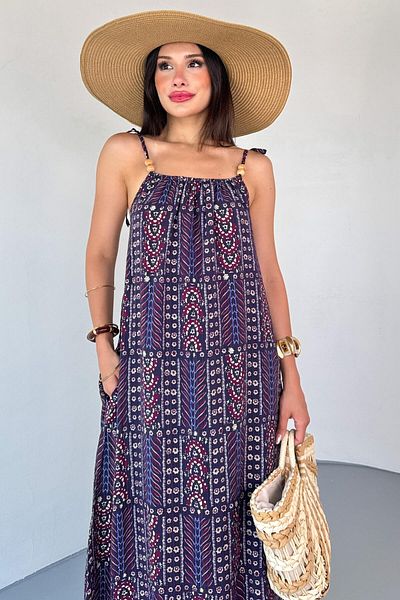 Cappmoda Elb-01805 Navy Blue Ethnic Pattern Beaded Strap Detailed Lined Cotton Dress