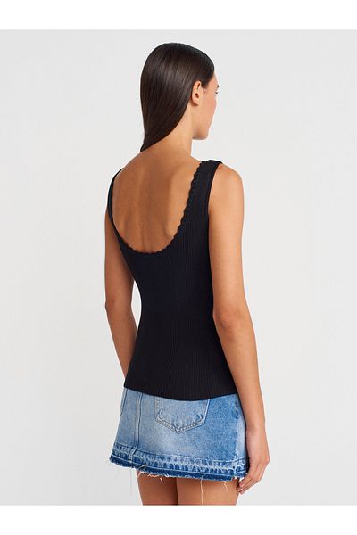 Dilvin 10764 Boat Neck Ribbed Knitwear Blouse-Black
