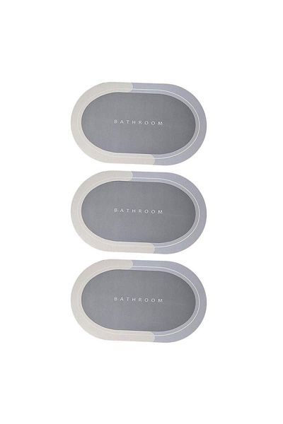 SIKS Set of 3 SIKS Anti-Slip Bath Mats, "Bathroom" Pattern, Oval, 78 x 48 cm, Light Blue/Grey