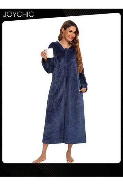 HALAMODO Long-sleeved Flannel Warm and Windproof Nightgown Cardigan Women Zipper Long Bedroom Pajamas