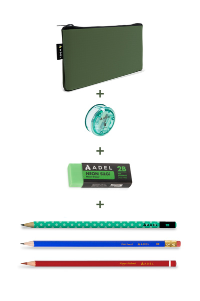 Adel Okul Seti, Kurşun Kalem, Kırmızı Kopya Kalemi, Silgi, Kalemtıraş + Yeşil...