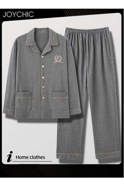 HALAMODO Classic Men's Bedroom Pajamas Set Pure Cotton Warm Windproof Long-sleeved Cardigan Sleepwear