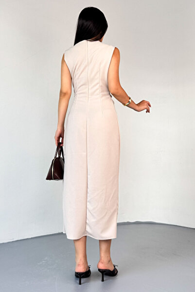 Cappmoda Elb-01796 Cream Buckle Detailed Draped Polyviscose Dress