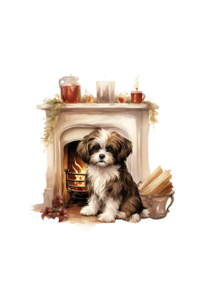 INOVATIX Set de 8 piese, autocolant câine Shih Tzu în fața șemineului lângă l...