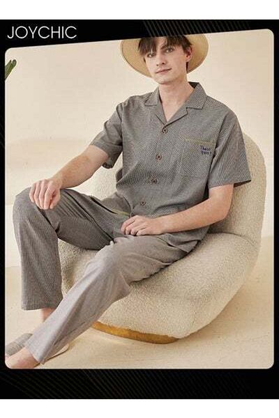HALAMODO Fairy Shiled Fabric Short-sleeved Long Pants Pajama Set Skin-friendly Breathable Men's Home Clothe
