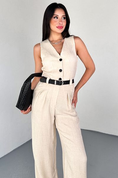 Cappmoda Elb-01806 Stone Color Button Detailed Linen Belted Summer Jumpsuit