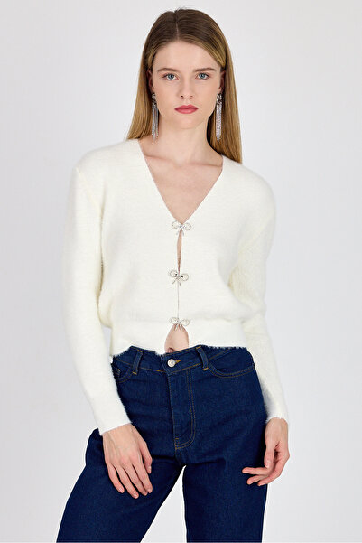 Rays Cardigan de tricotaj pentru damă Ecru Stone Bow Button 6803