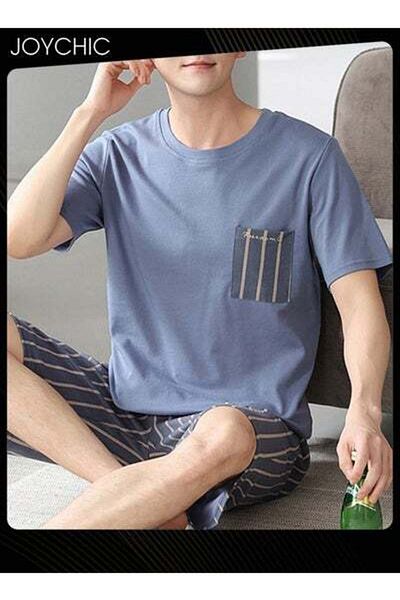 HALAMODO 2-piece Men's Summer Modal Cotton Silk Pajama Set Short-sleeved Short Pants Stripe Pattern
