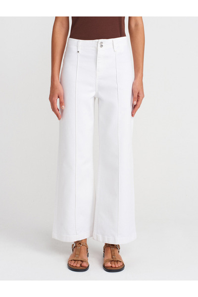 Dilvin 72004 Pantaloni din denim cu cusături groase și cusături - alb