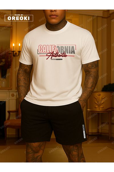 EFFRENATU California Authentic Printed Cotton Fabric Men's White T-Shirt-Black Shorts Set