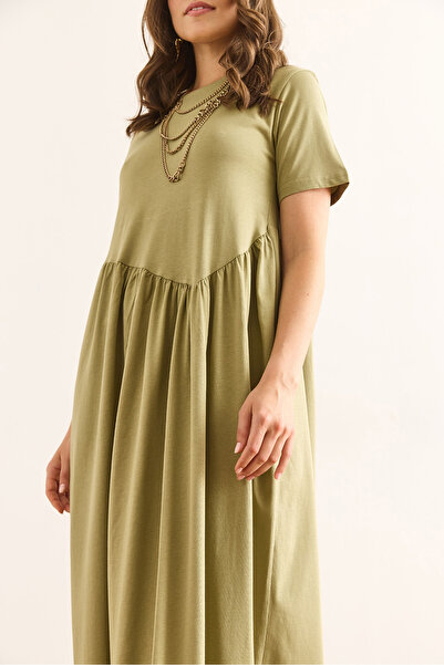Olalook Women's Khaki Asymmetrical Stitching Front Long Bell Cotton Dress Elb-19002446