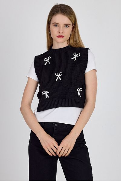 Rays Black Ribbon Detailed Side Tie Knitwear Sweater 2101