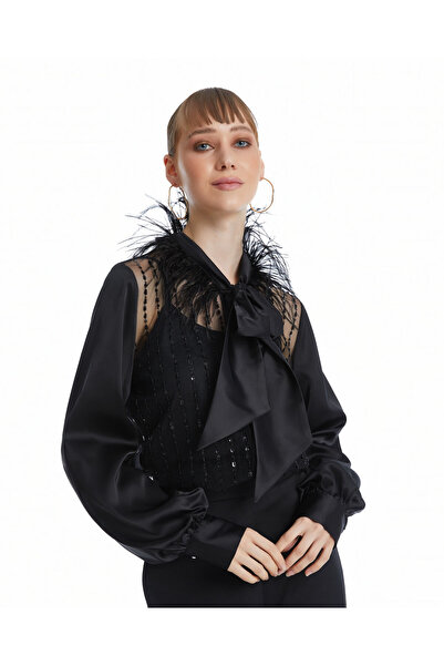 SERPİL Kadın Fular Detaylı Şifon Gömlek – Tül Üstü Payet İşlemeli Zarif Tasarım