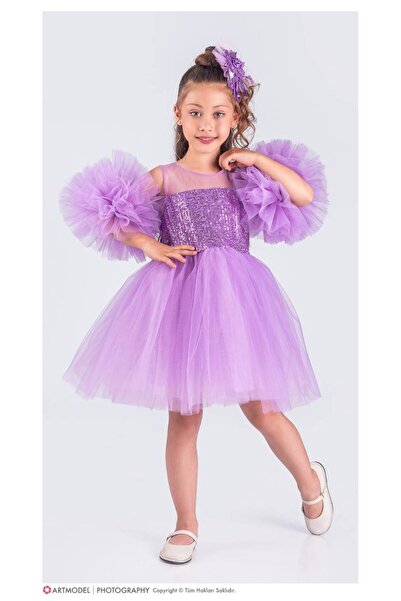 ALYA BUTİK ponpon kol payetli kat kat tül etekli mini lila abiye elbise