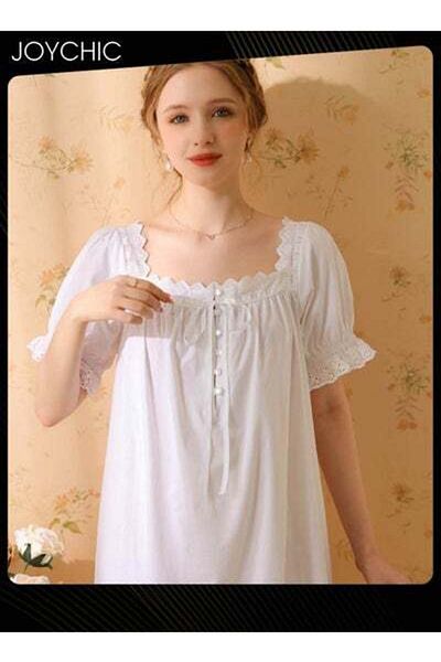 HALAMODO Retro French Sweet Princess Night Dress Short-sleeved Long Nightgown Cotton Breathable Sleepwear