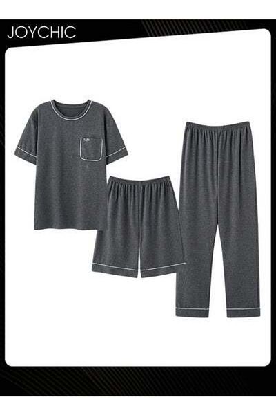 HALAMODO Men's Pajamas Short-sleeved +Shorts+ Trouser Set Breathable Wear-resistant Sleepwear Homewear