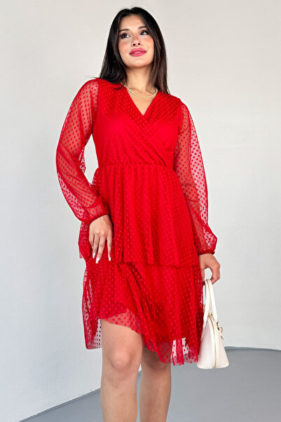 Cappmoda Elb-01797 Red Double Breasted Collar Lined Ruched Pleated Sandy Dress