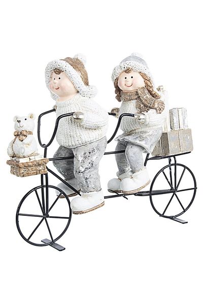 Bizzotto Ceramic figurines Little Girl and Boy on a metal bicycle 29x10x25 cm