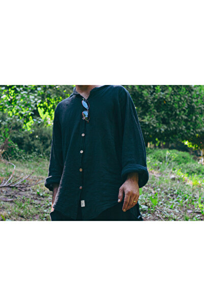 Oiki Oversize Siyah Bohem Erkek Gömlek – Pamuk Keten Karışımı, İnce Kumaş, Salaş ve Rahat Yazlık Tasarım