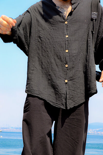 Oiki Oversize Siyah Bohem Erkek Gömlek – Pamuk Keten Karışımı, İnce Kumaş, Salaş ve Rahat Yazlık Tasarım