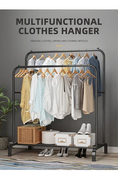 fulina Double Bar Metal Clothes Rack, 110x54x150cm, Hanger for Hanging Clothes, Black