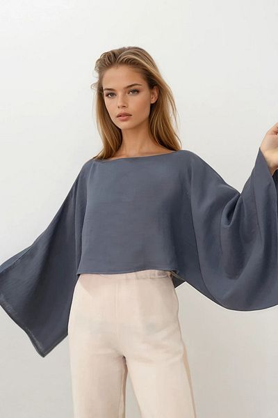 VAGGON Γυναικεία Anthracite Boat Neck Yarsa Sleeve Crop Muslin Μπλούζα Vs00210