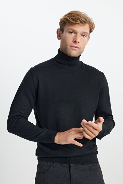 ALTINYILDIZ CLASSICS Erkek Siyah Yünlü Sıcak Tutan Standart Fit Normal Kesim Tam Balıkçı Yaka Triko Kazak