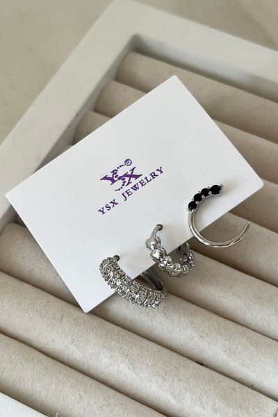 TAKIŞTIR مجموعة أقراط YSX مكونة من 3 قطع بتفاصيل حجرية فضية اللون