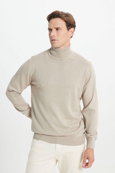 ALTINYILDIZ CLASSICS Men's Beige Wool Warm Standard Fit Regular Cut Full Turtleneck Knitwear Sweater
