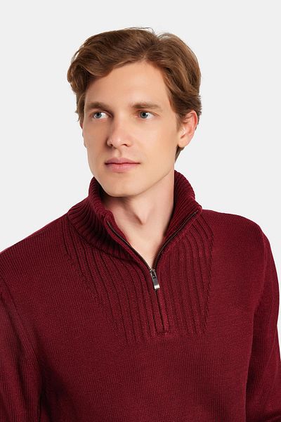 Tudors Men's Slim Fit Slim Fit Dobby Zippered Burgundy Stand Collar Sweater