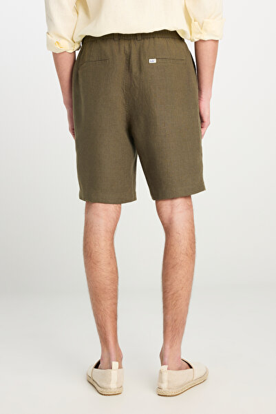 Lee 100% Linen Regular Fit Normal Cut Khaki Shorts with Elastic Waist Detail