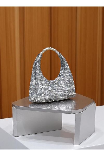 Katusa Women's Silver Metallic Mesh Hand Knitted Pearl and Sparkling Bohemian Handbag