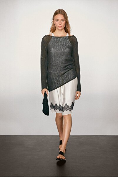 Massimo Dutti Kontrast dantel şeritli mini etek