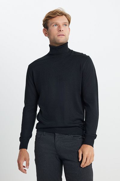 ALTINYILDIZ CLASSICS Men's Black Wool Warm Standard Fit Regular Cut Full Turtleneck Knitwear Sweater