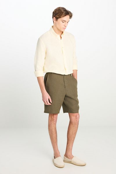 Lee 100% Linen Regular Fit Normal Cut Khaki Shorts with Elastic Waist Detail