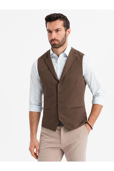 OMBRE Taillierte Herren Strukturstrickweste mit Revers - braun V2 OM-BLZV-0144 S