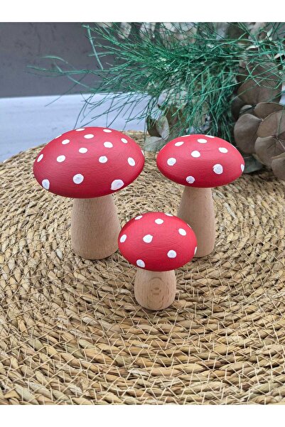 Tasarım Dekoratif 3' Lü Ahşap Kırmızı Ve Beyaz Benekli Şirin Mantar