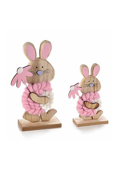 Decorer Set 2 Decorative Easter Rabbits - Wood and Pink Textile 14x6x25